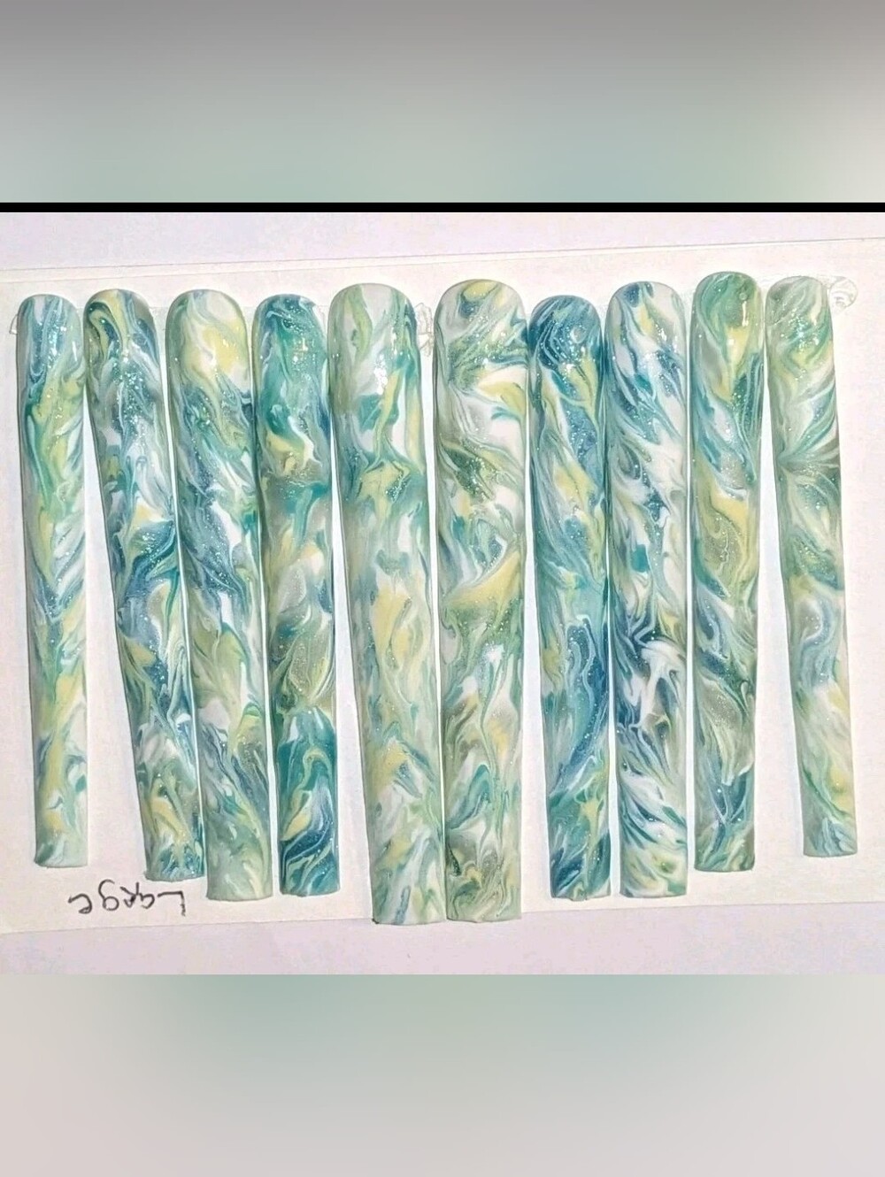 Handmade Painted Marbled Acrylic Press On Nails — Teal, Blue & White